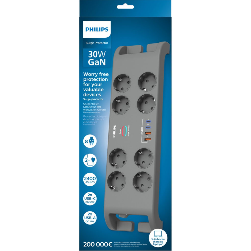 PHILIPS SPN8180GA/62, 8 Soket, Akım Korumalı Priz, 2400 Joules, 2Mt Kablo, 2xUsb-C PD 20W Hızlı Şarj, 2xUsb-A QC 18W, (Gri)