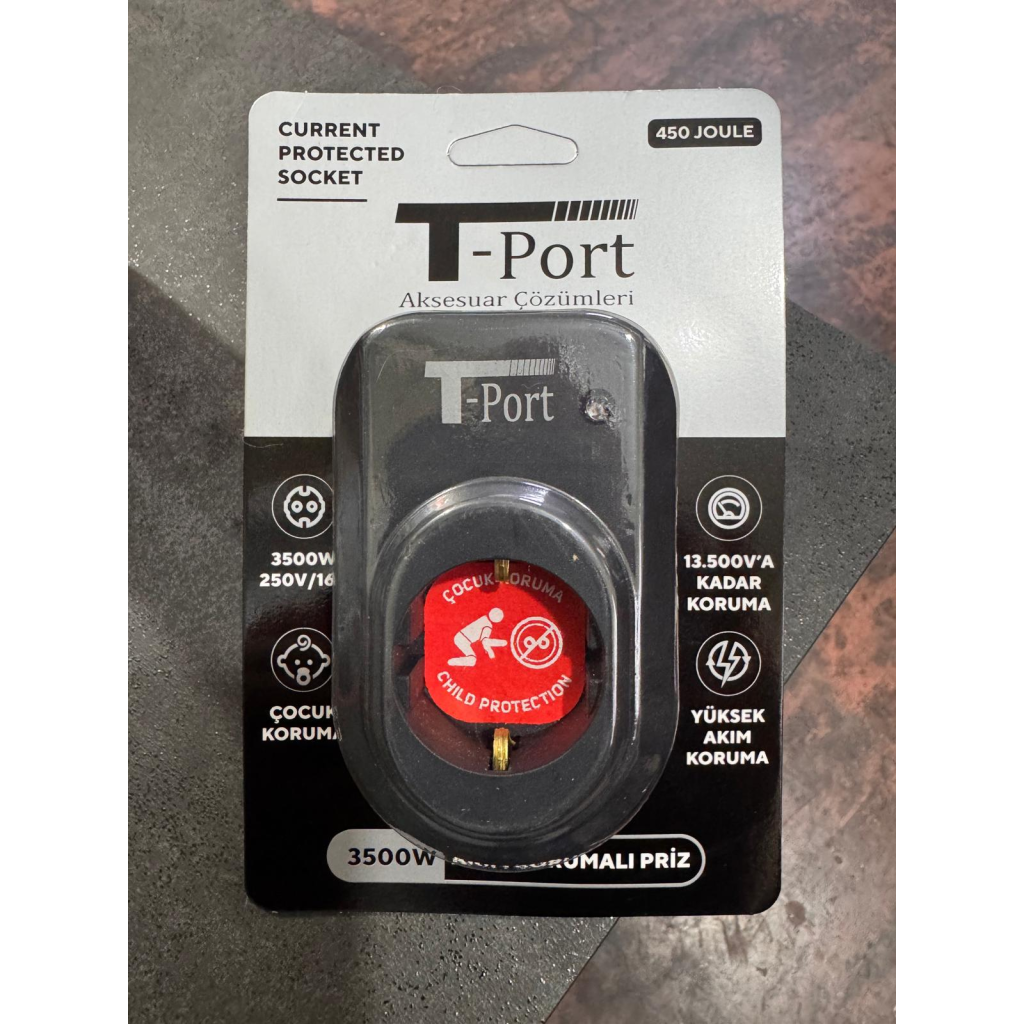 T-PORT 3500W, Tekli, Akım Korumalı Priz, 450 Joules, (Siyah)