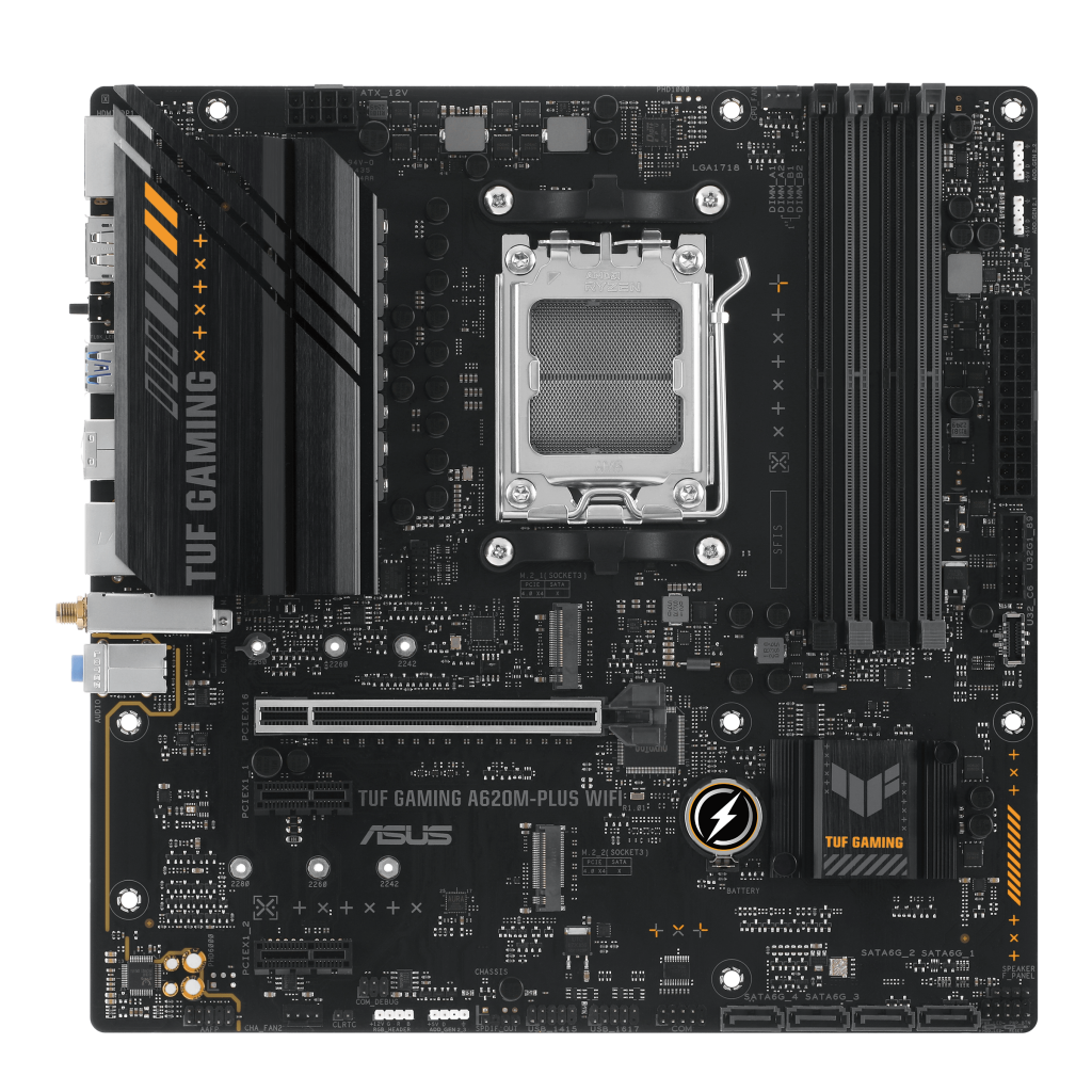 ASUS TUF GAMING A620M-PLUS WIFI, 4xDDR5, 2x M.2, HDMI, 2xDP, Wi-Fi 6, Bluetooth v5.3, AMD Ryzen 7000 Serisi, AM5 Soket Anakart