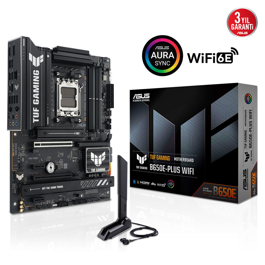 ASUS TUF GAMING B650E-PLUS WIFI, 4xDDR5, 3xM.2, DP, HDMI, Type-C, Wi-Fi 6E, Bluetooth v5.3, AM5 Soket Gaming Anakart
