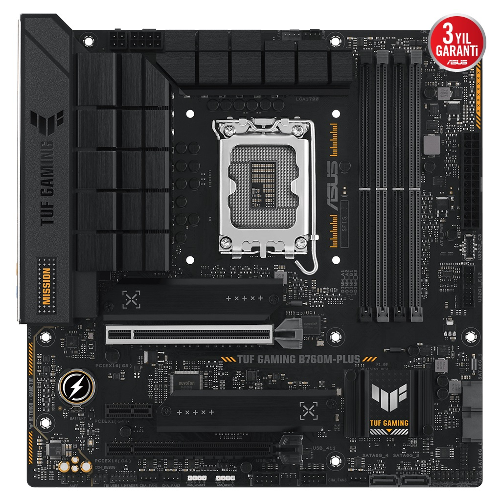 ASUS TUF GAMING B760M-PLUS, 4xDDR5, 2x M.2, HDMI, DP, Type-C, 12-13-14.Nesil, LGA1700 Soket, Anakart