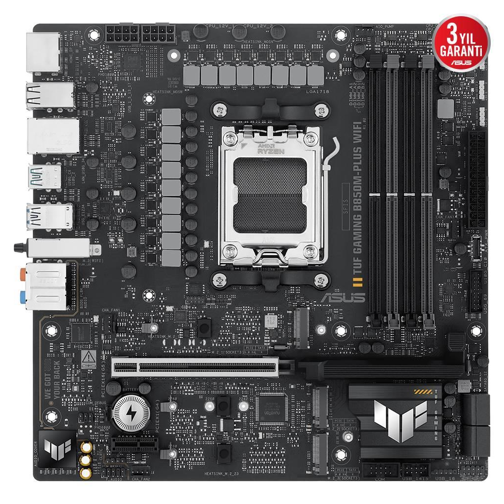 ASUS TUF GAMING B850M-PLUS WIFI, 4xDDR5, 3x M.2, HDMI, DP, Type-C, Wi-Fi 6E, Bluetooth v5.3, AMD Ryzen 9000 Serisi, AM5 Soket Anakart