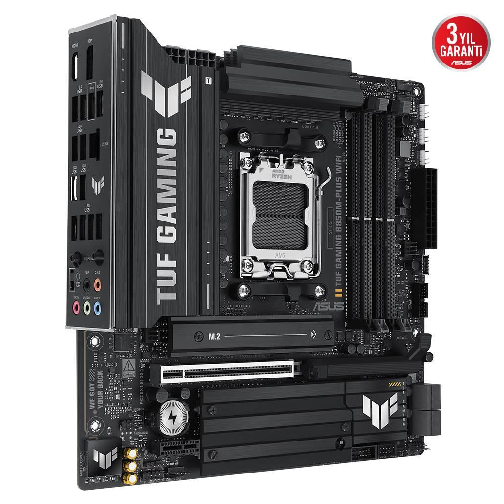 ASUS TUF GAMING B850M-PLUS WIFI, 4xDDR5, 3x M.2, HDMI, DP, Type-C, Wi-Fi 6E, Bluetooth v5.3, AMD Ryzen 9000 Serisi, AM5 Soket Anakart