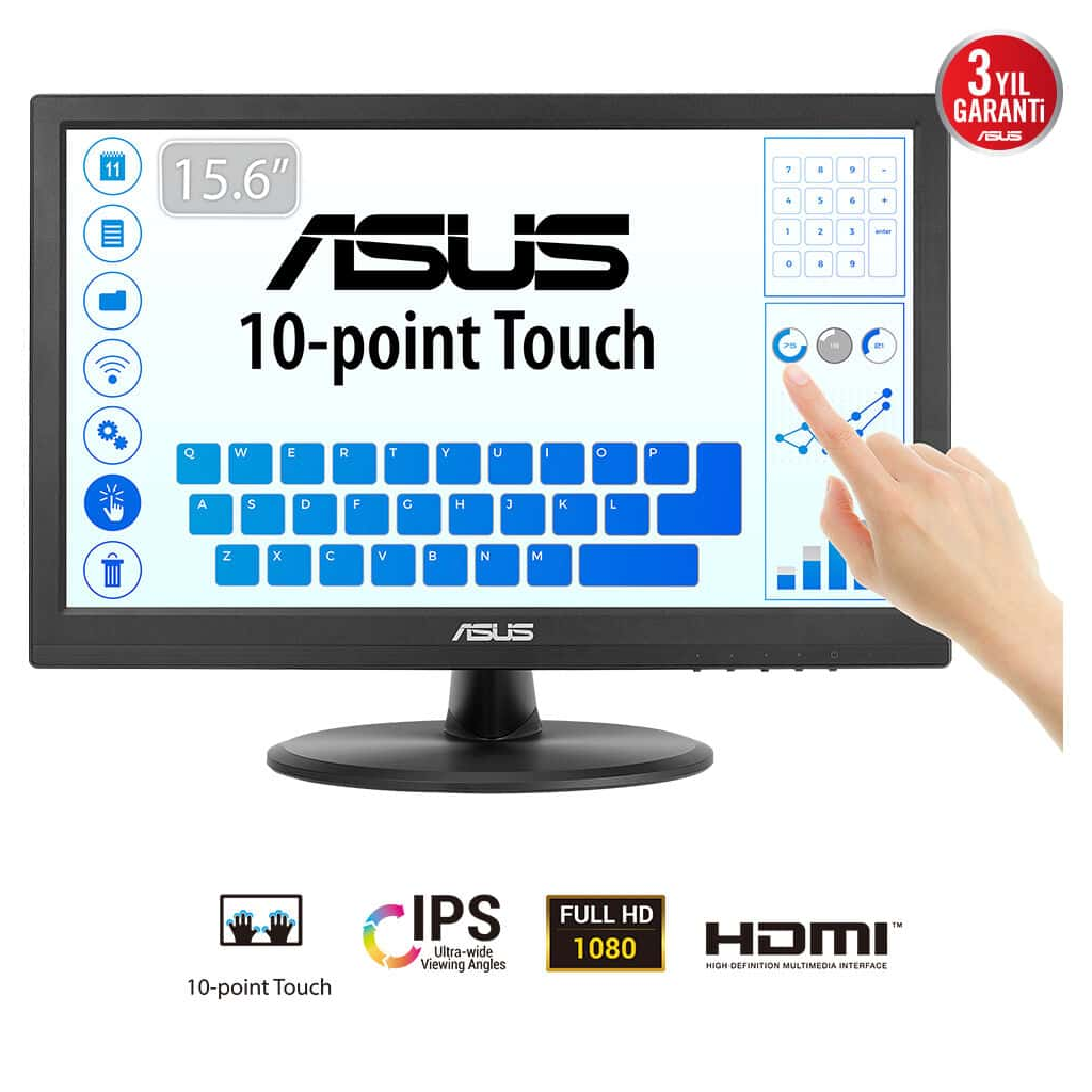 ASUS VT169HE 15.6&quot; 5ms, 60Hz, Dokunmatik, HDMI, D-Sub, Düşük Mavi Işık, FreeSync, IPS Panel Monitör