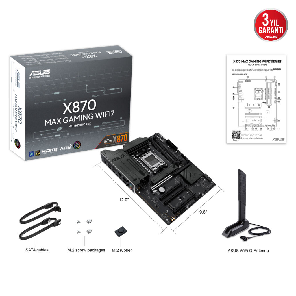 ASUS X870 MAX GAMING WIFI7, 4xDDR5, 3x M2, HDMI, DP, Type-C, Wi-Fi 7, Bluetooth v5.3, AM5 Soket GAMING Anakart