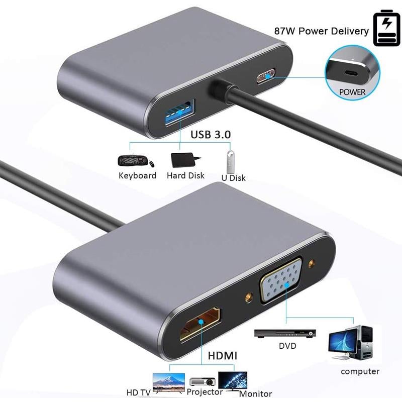 Powermaster Usb Type-C To HDMI-Vga-Usb-Type C 4İn1 Adaptör PM-4026