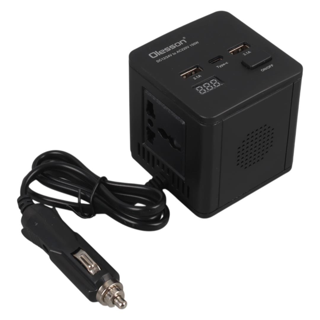Olesson 1663 DC 12-24V 150W Oto Araç Power İnverter TYPE-C - Çift USB - 220V Üniversal Priz Girişli