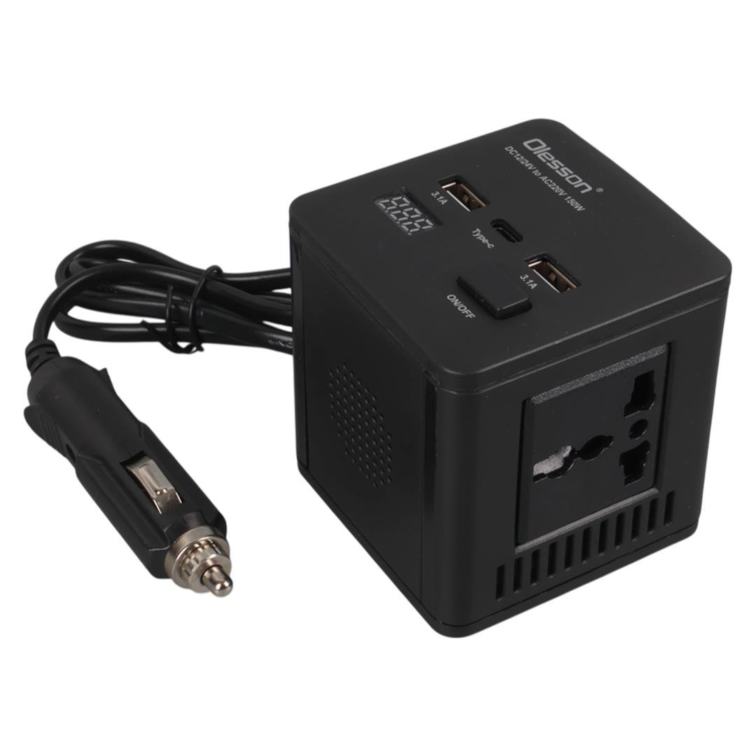 Olesson 1663 DC 12-24V 150W Oto Araç Power İnverter TYPE-C - Çift USB - 220V Üniversal Priz Girişli