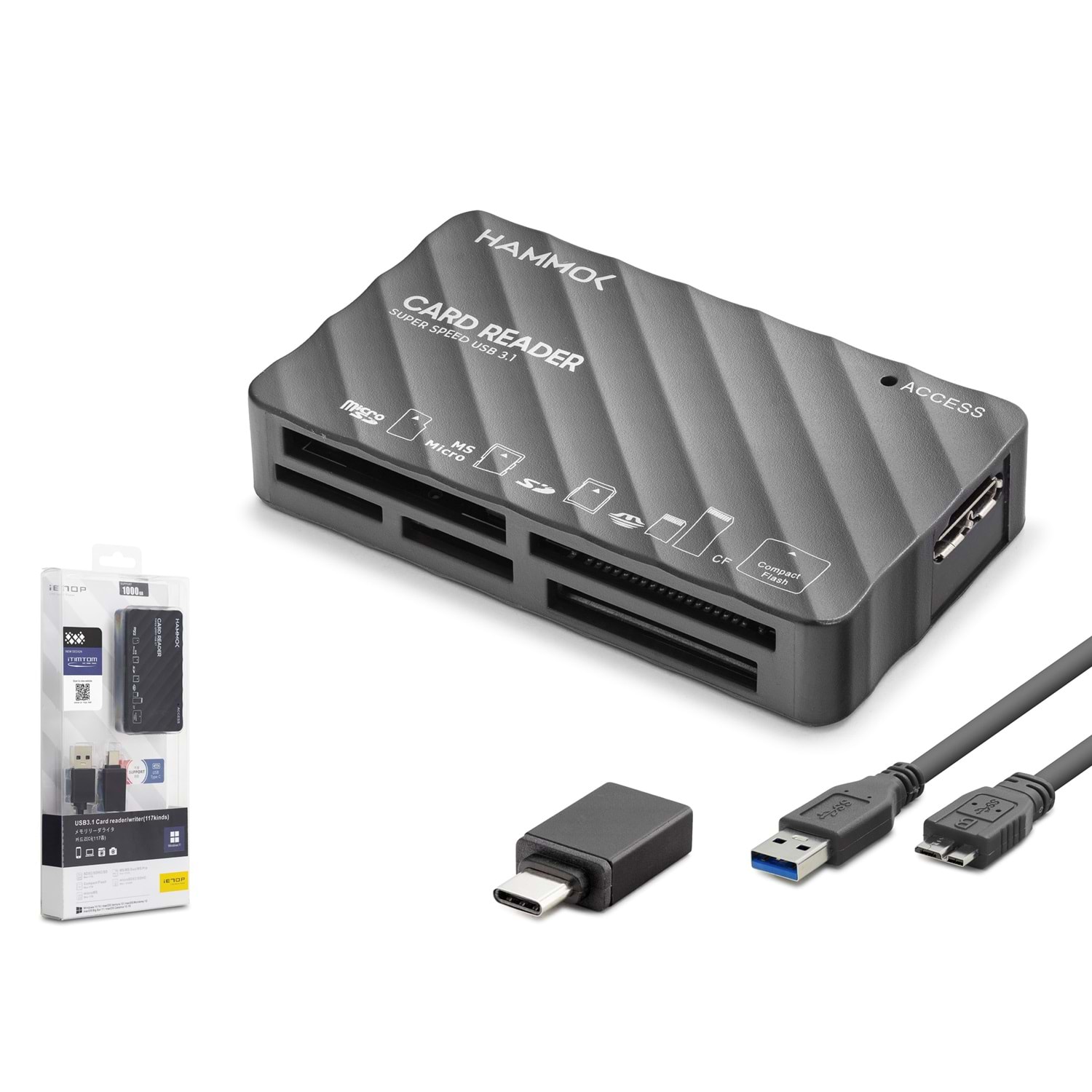 iETOP HDX7064 USB Type-C 3.1 Gen1 All in One Kart Okuyucu CF SD MicroSD MS XD 5 Gbps Siyah