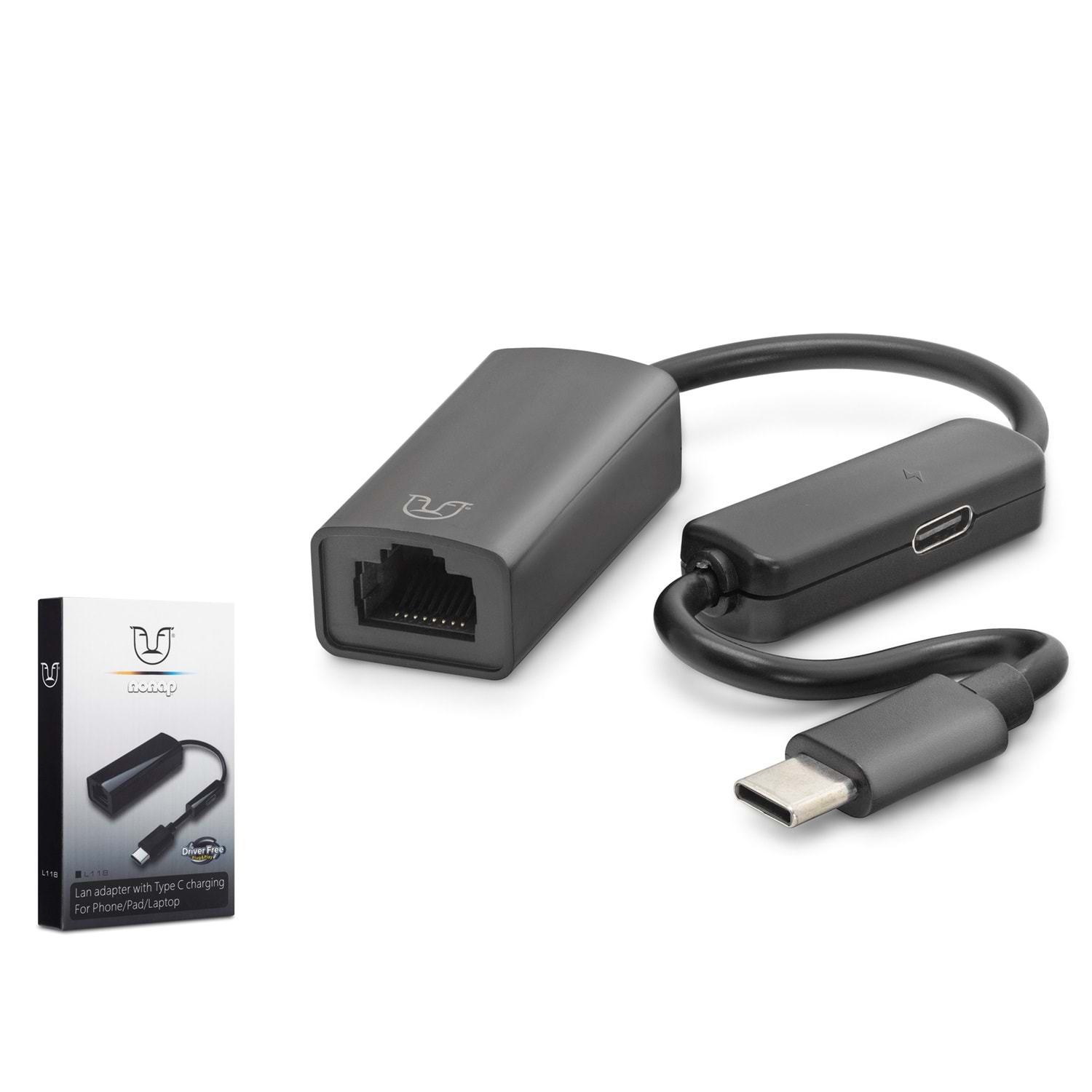 NONAP L118 Type C USB 2.0 Ethernet Adaptör 10/100 Mbps PD Güç Destekli Siyah