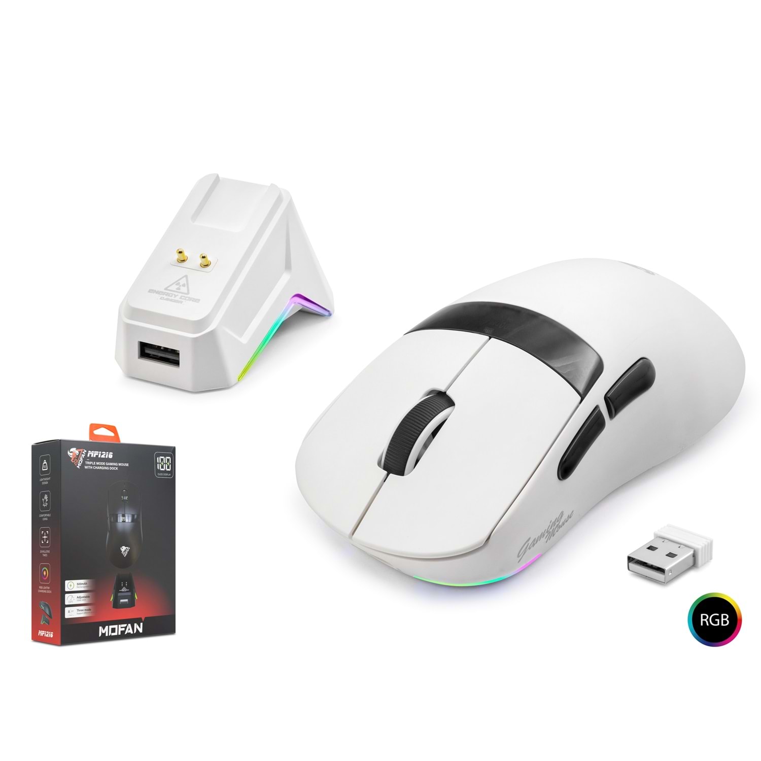 MOFAN MF1216W Tri Mode RGB Gaming Mouse Manyetik Şarj Standlı OLED Ekranlı 12000 DPI Beyaz