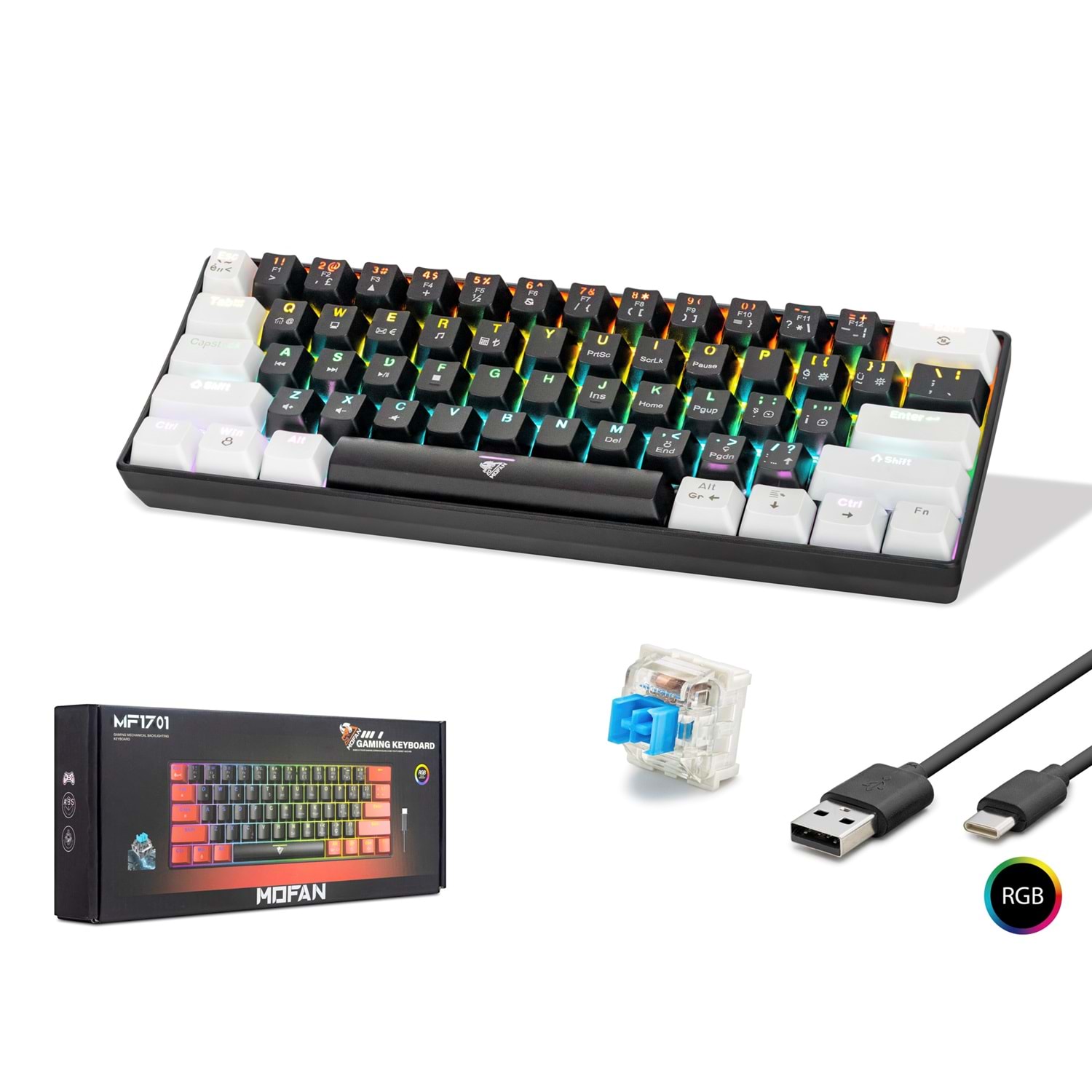 MOFAN MF1701BW Mekanik Gaming Mini Klavye Blue Switch RGB 61 Tuş Siyah Beyaz