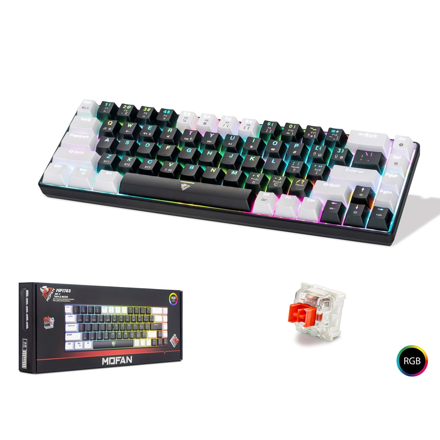 MOFAN MF1703B Tri Mode Mekanik Gaming Klavye Red Switch RGB 68 Tuş Siyah Beyaz