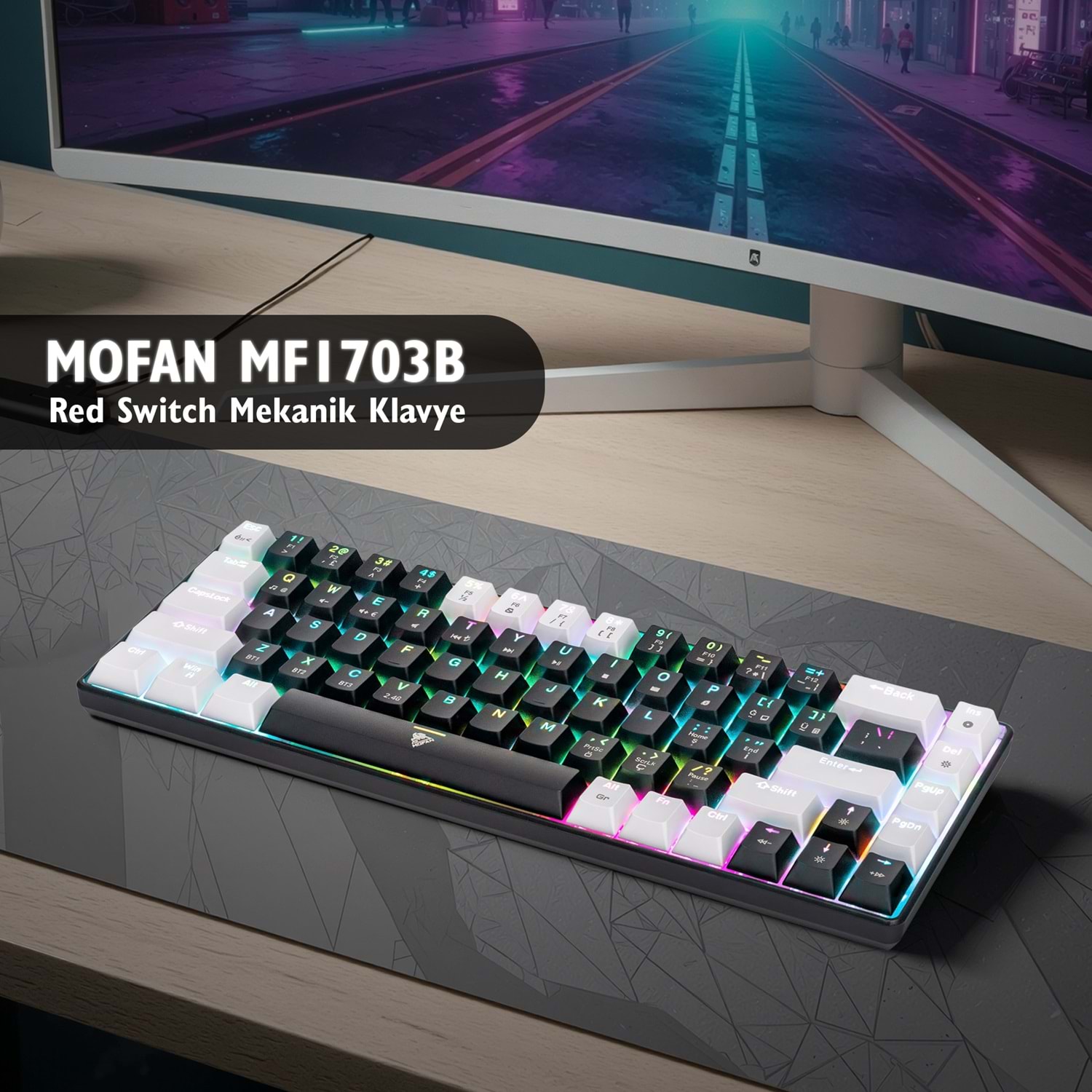 MOFAN MF1703B Tri Mode Mekanik Gaming Klavye Red Switch RGB 68 Tuş Siyah Beyaz