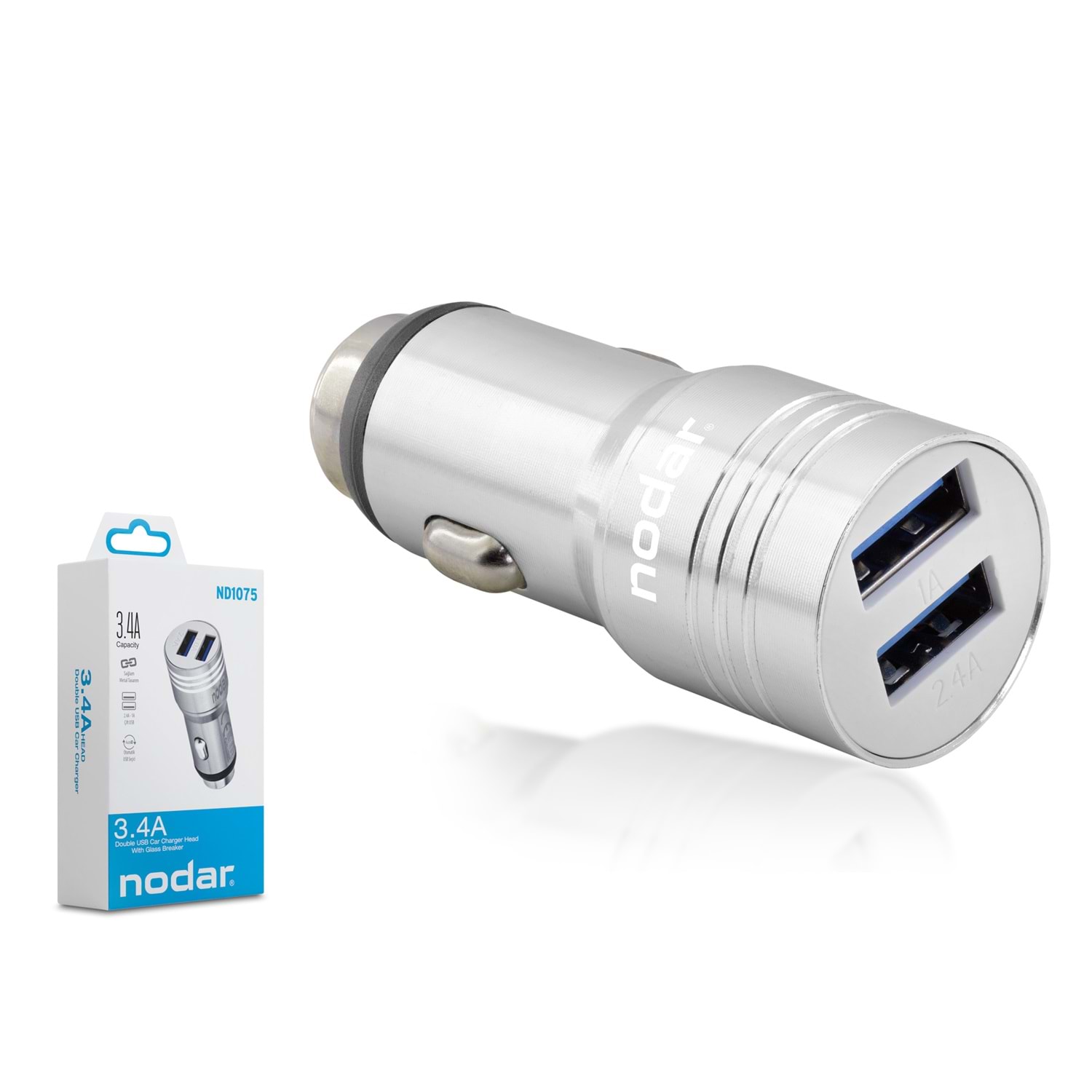 Kruxon ND1075 Araç Şarj Adaptörü Çift USB 3.4A Metal Gri