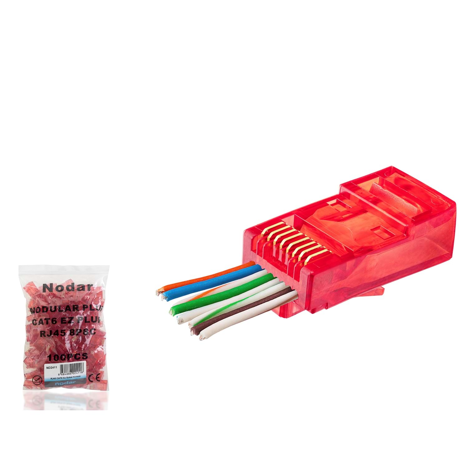 Kruxon ND2411 CAT6 EZ RJ45 Konnektör 100 Adetli Paket Kırmızı