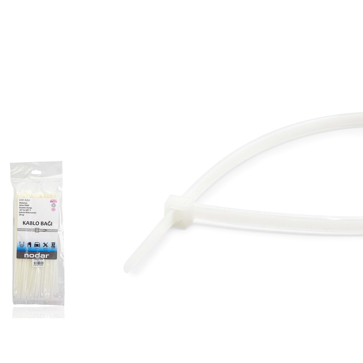 Kruxon ND4804B Kablo Bağı 3.6 x 250 mm 100 Adetli Paket Beyaz