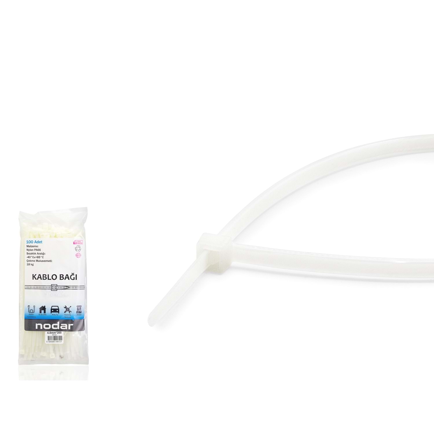 Kruxon ND4807B Kablo Bağı 4.8 x 200 mm 100 Adetli Paket Beyaz