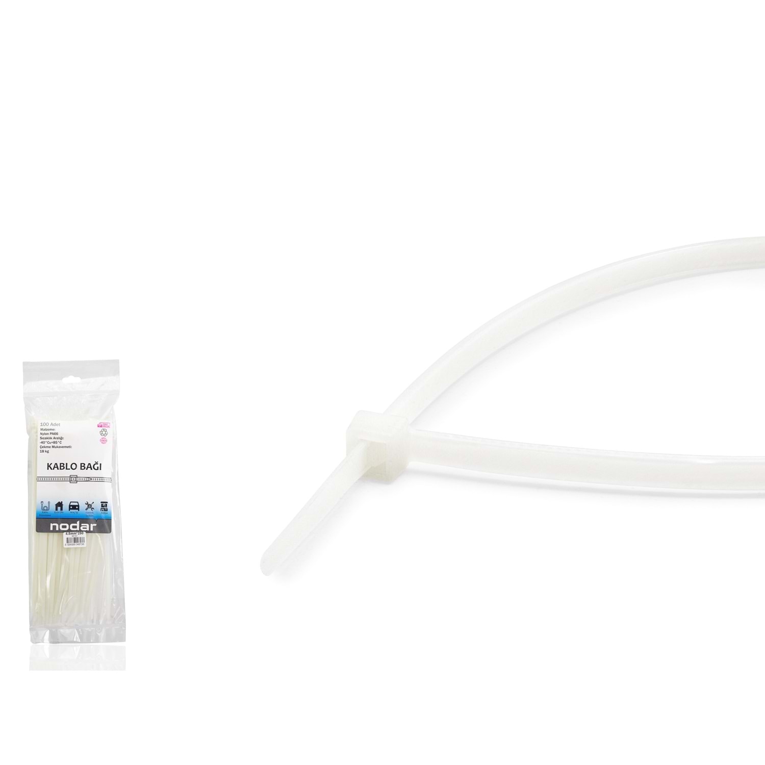 Kruxon ND4808B Kablo Bağı 4.8 x 250 mm 100 Adetli Paket Beyaz