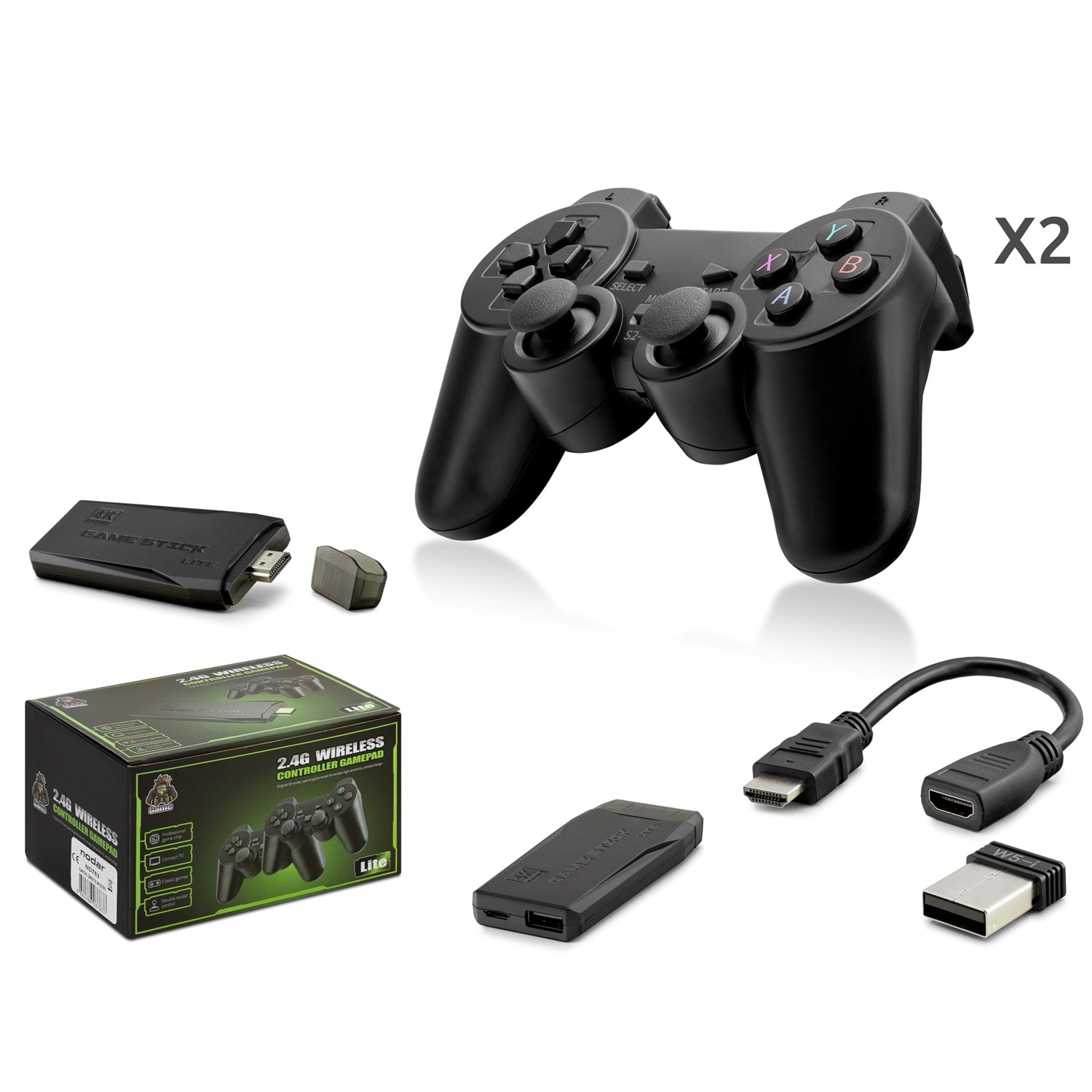 Kruxon ND763 Retro Oyun Stick HDMI Çift GamePad Seti 2.4G Kablosuz Siyah