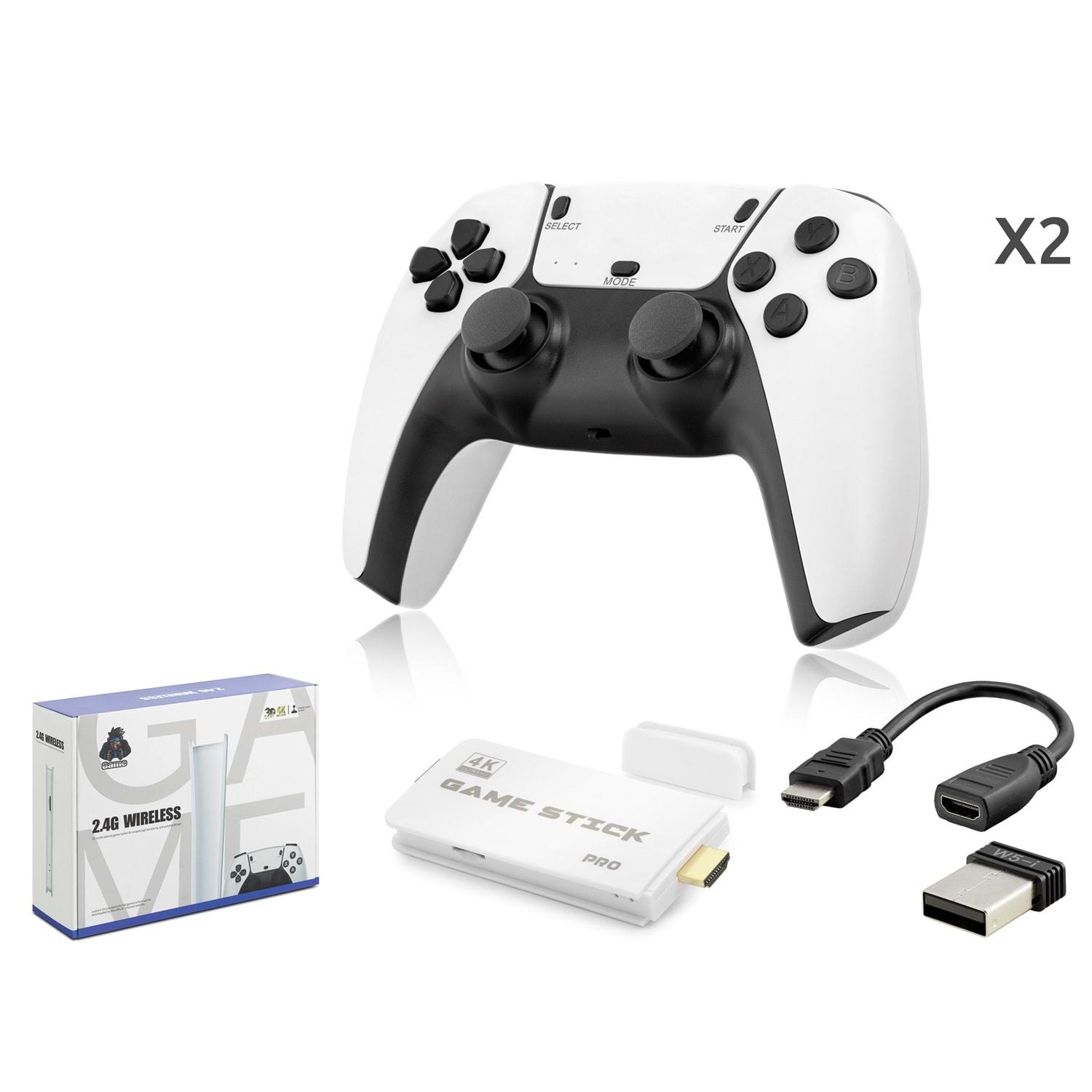 Kruxon ND764 Retro Oyun Stick HDMI Çift GamePad Seti 64 GB Kart Destekli 2.4G Kablosuz Beyaz