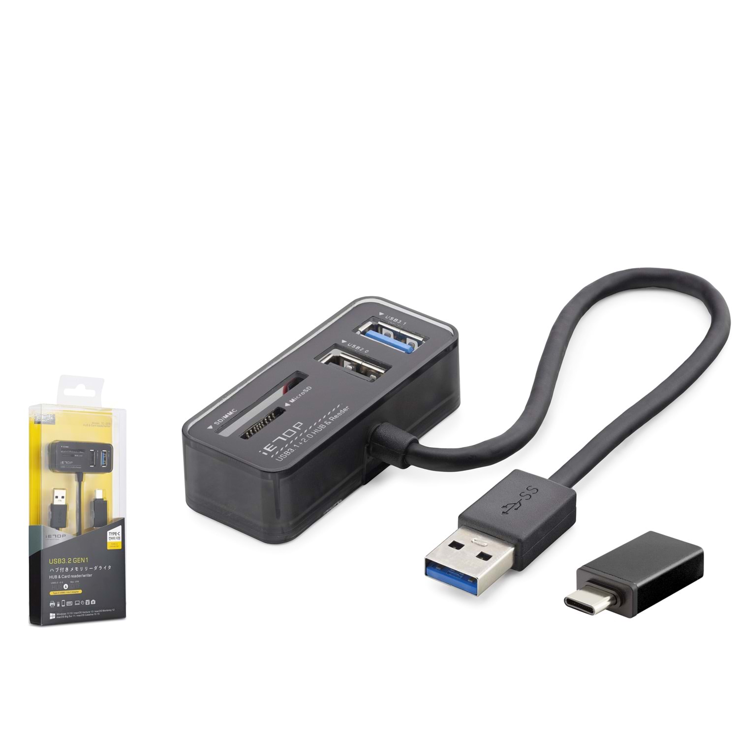 iETOP TC256 USB Type-C 3.2 Gen2 Combo Hub Kart Okuyucu 4 Port 10 Gbps Siyah