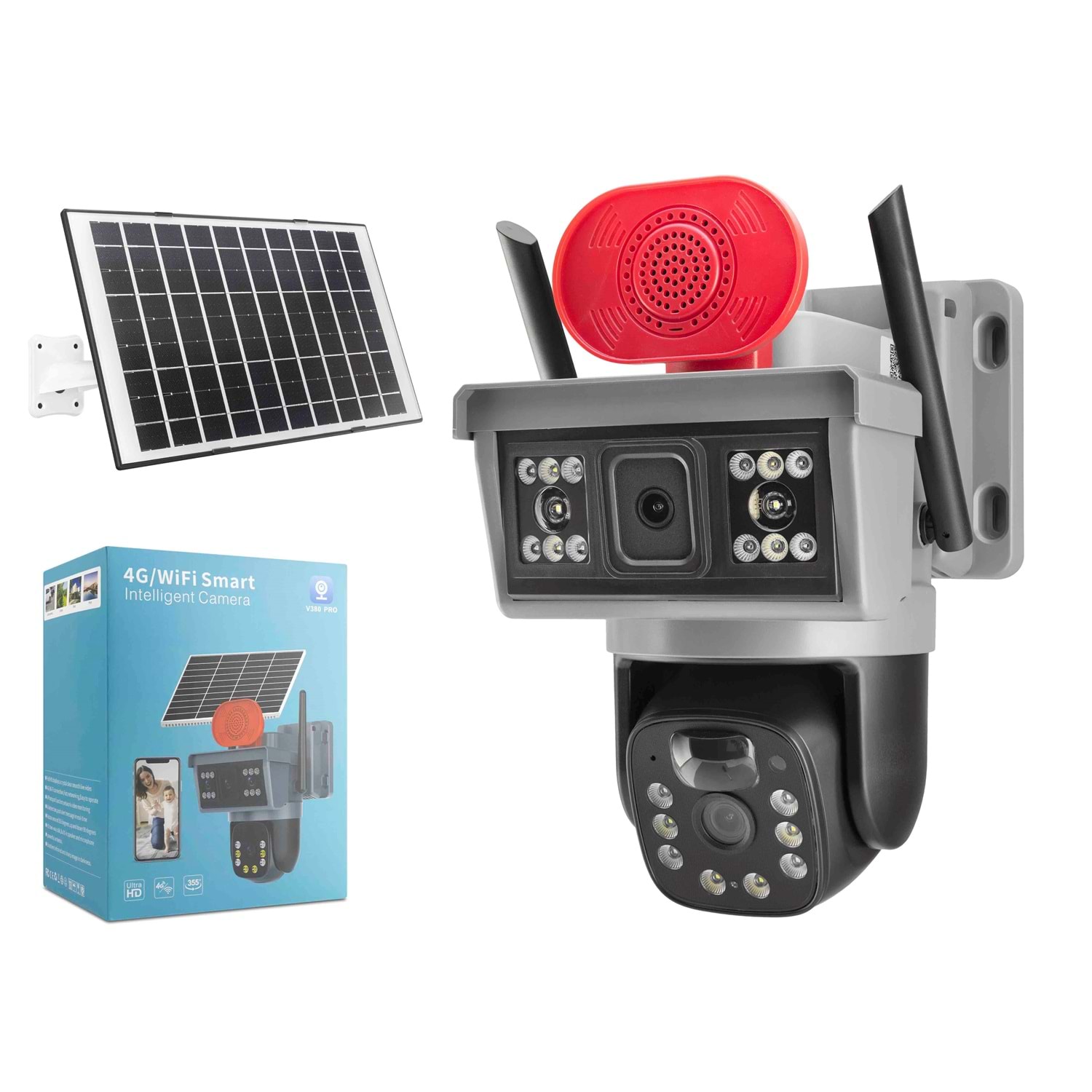 X5-Tech YT-15G Solar 4G SIM Kartlı Speed Dome IP Güvenlik Kamerası 2 Lens 2×3MP V380 - Siyah