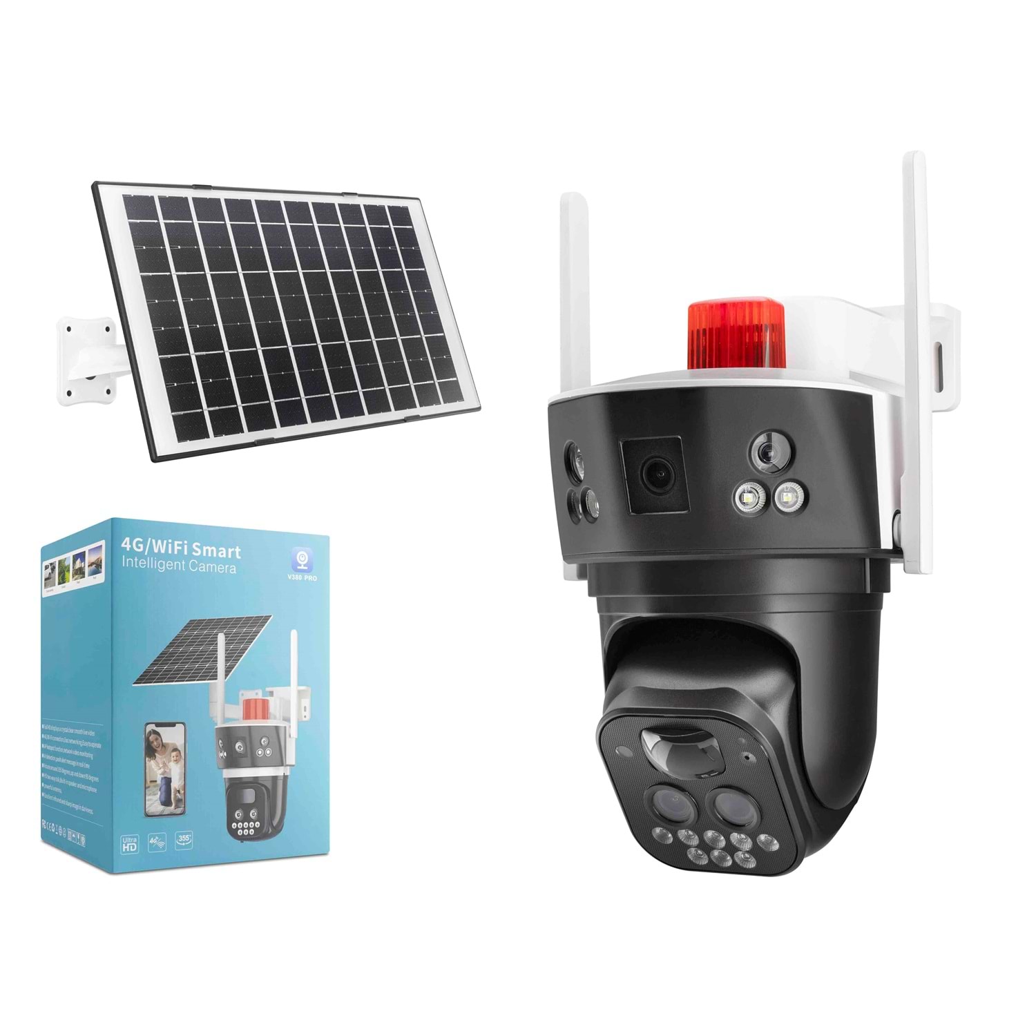 X5-Tech YT-59G Solar 4G SIM Kartlı IP Güvenlik Kamerası 2 Lens 2×3MP 10× Zoom V380 - Siyah