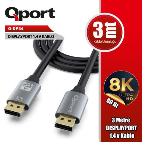 Qport Q-DP34 Display Port 1.4V 3m Kablo