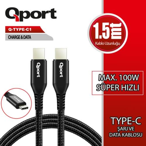 Qport Q-TYPE-C1 1,5m Type-C 100w Süper Hızlı PD Şarj ve Data Kablosu