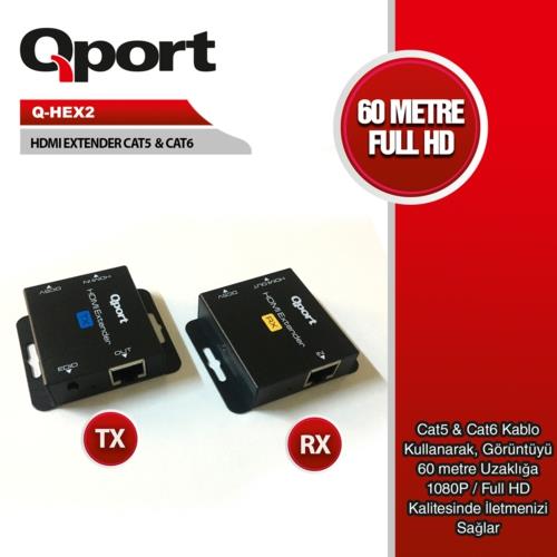 Qport Q-HEX2 60m HDMI Extender Cat5-Cat6 Metal Kasa 2'li Paket