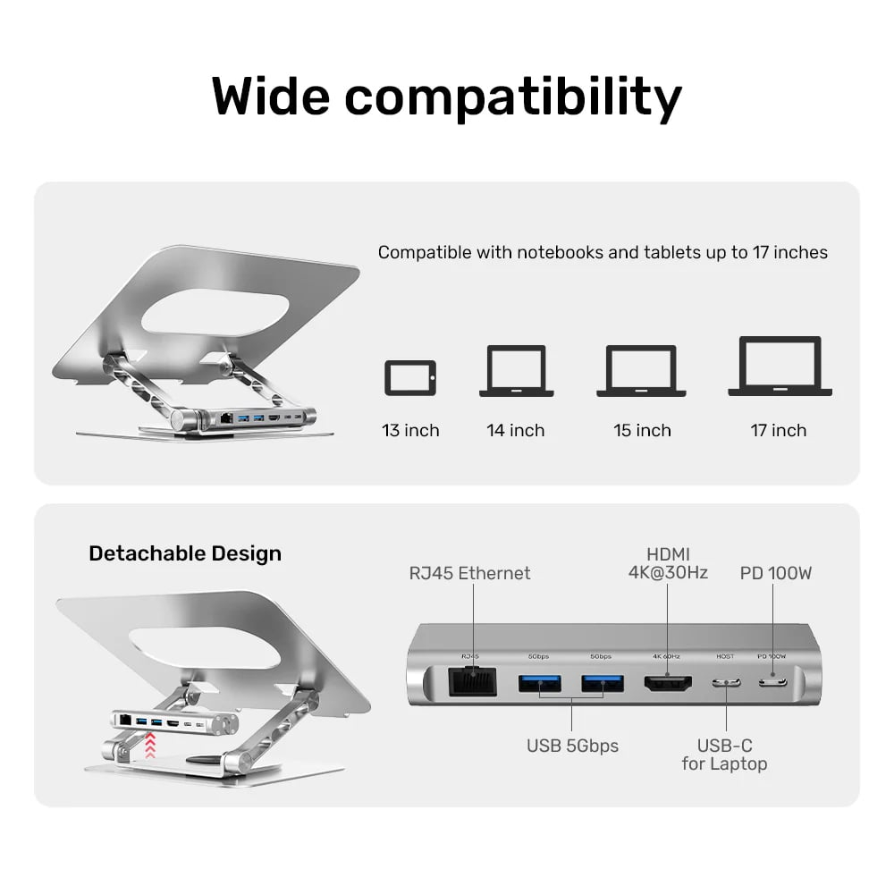 UNITEK 360 DERECE DÖNER 5in1 METAL NOTEBOOK STANDI (ETHERNET, 2xUSD3.0, HDMI, 100W PD) (D1109B01)