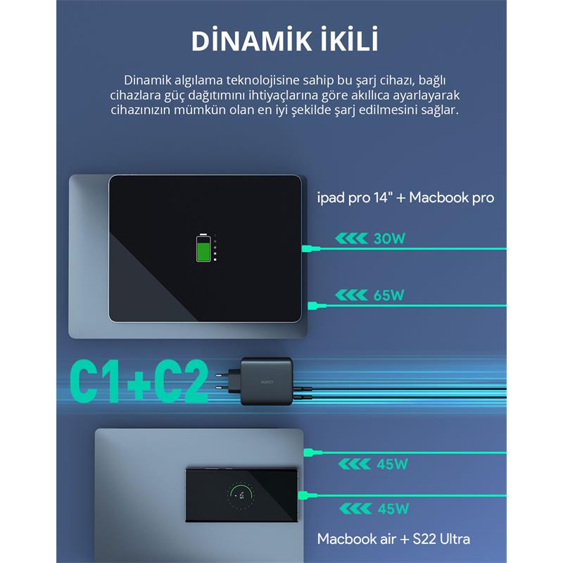 AUKEY PA-B7S-BK 100W DÖRT BAĞLANTI NOKTALI PD GAN DUVAR ŞARJ CİHAZI 