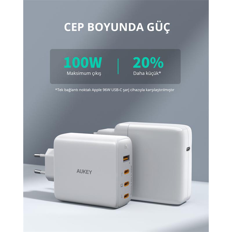 AUKEY PA-B7S-WH 100W DÖRT BAĞLANTI NOKTALI PD GAN DUVAR ŞARJ CİHAZI 