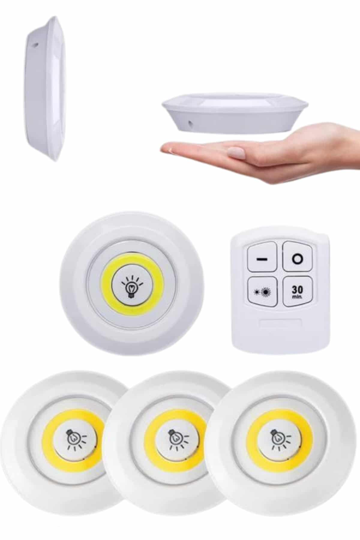 Yapışkanlı 3'lü Spot Led Işık Lamba Montajsız Pilli Uzaktan Kumandalı