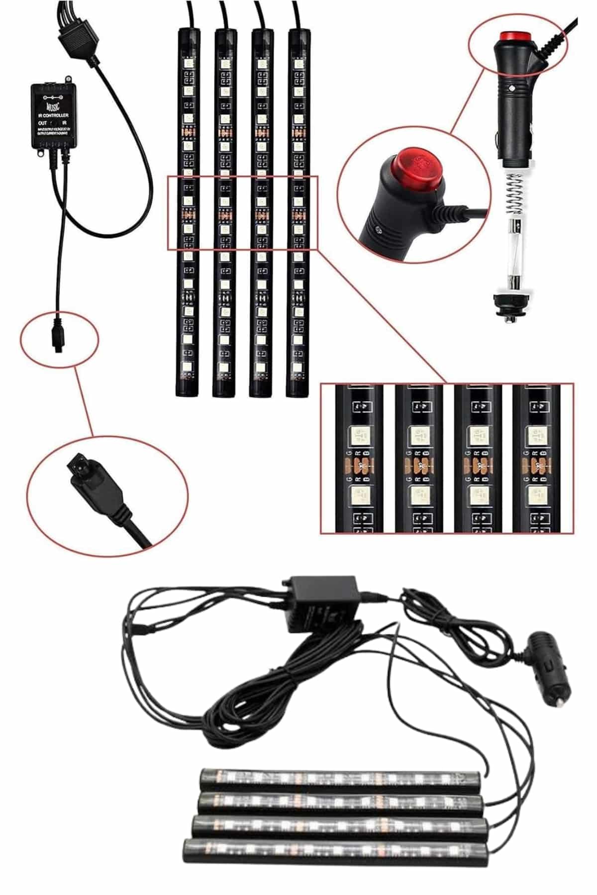 RGB Araç İçi Şerit LED Seti Müzik Kontrollü Ambiyans Aydınlatma