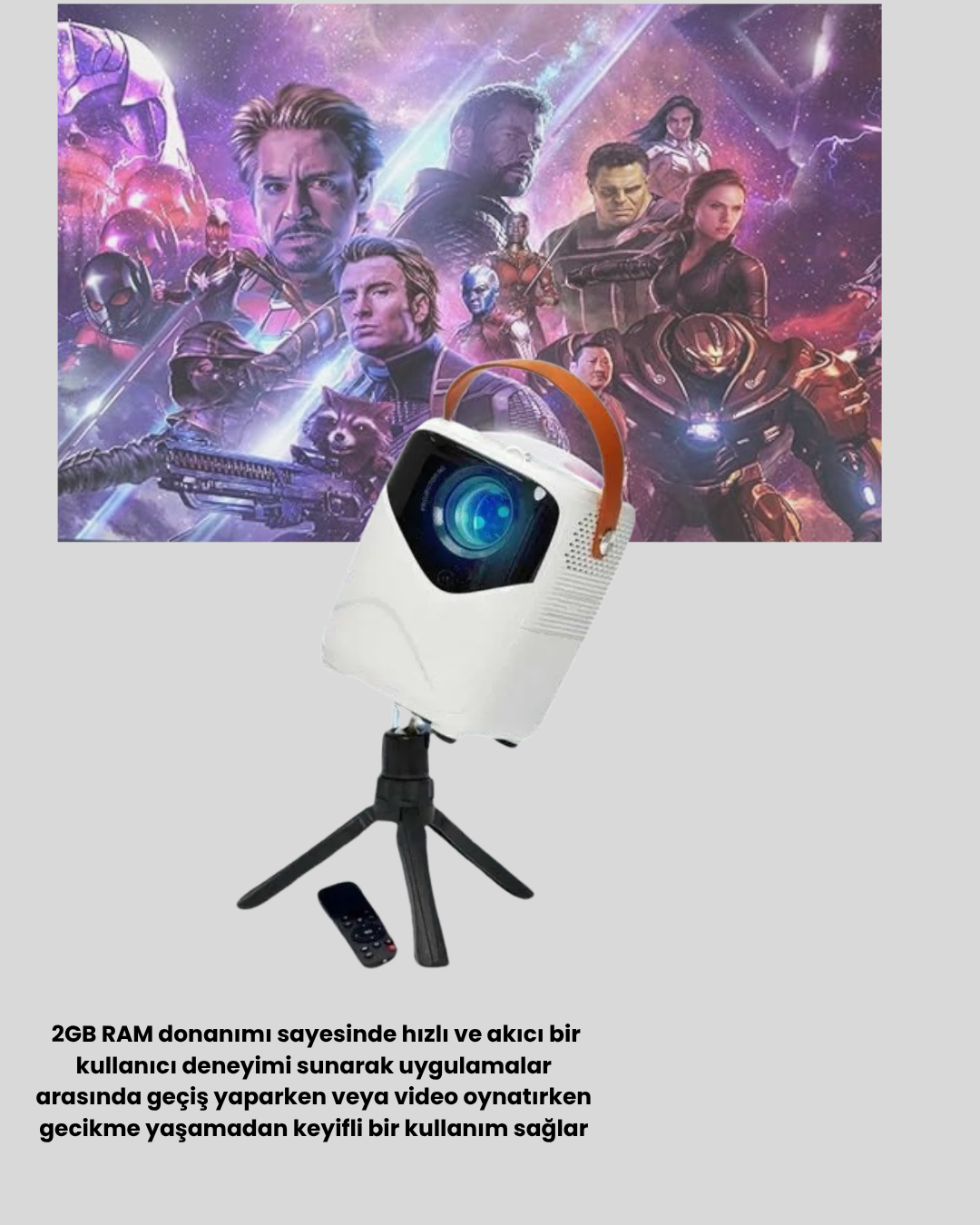 Mini Akıllı Projektör – 1080P Full HD, 64GB Depolama, 2GB RAM, Uzaktan Kumanda Destekli Yeni Nesil