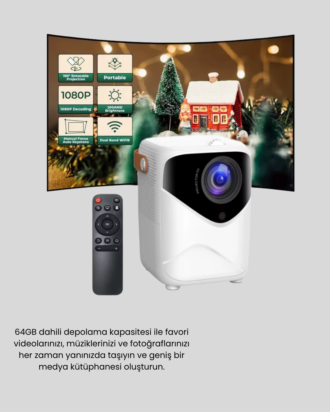 Mini Akıllı Projektör – 1080P Full HD, 64GB Depolama, 2GB RAM, Uzaktan Kumanda Destekli Yeni Nesil