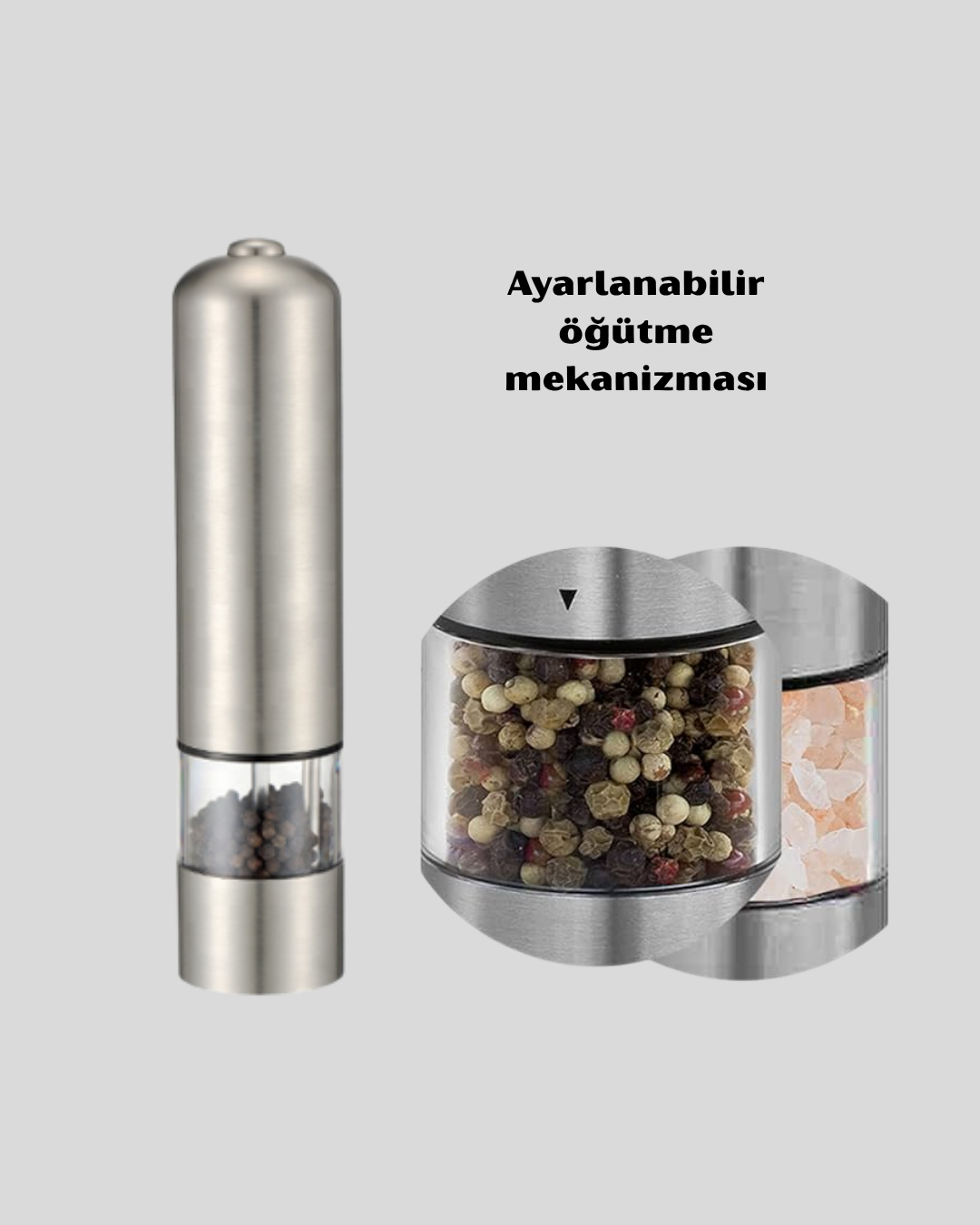 Modern Otomatik Baharat Öğütücü Seti – Pilli, Paslanmaz Çelik, LED Aydınlatmalı