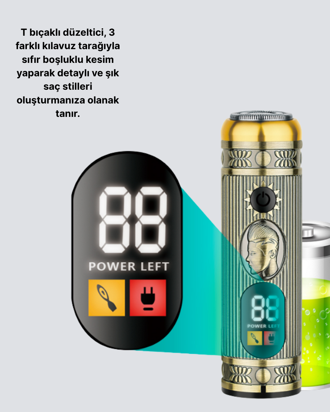 2’si 1 Arada Saç ve Sakal Düzeltici Seti – T Bıçaklı, 8 Farklı Kılavuz Tarağı
