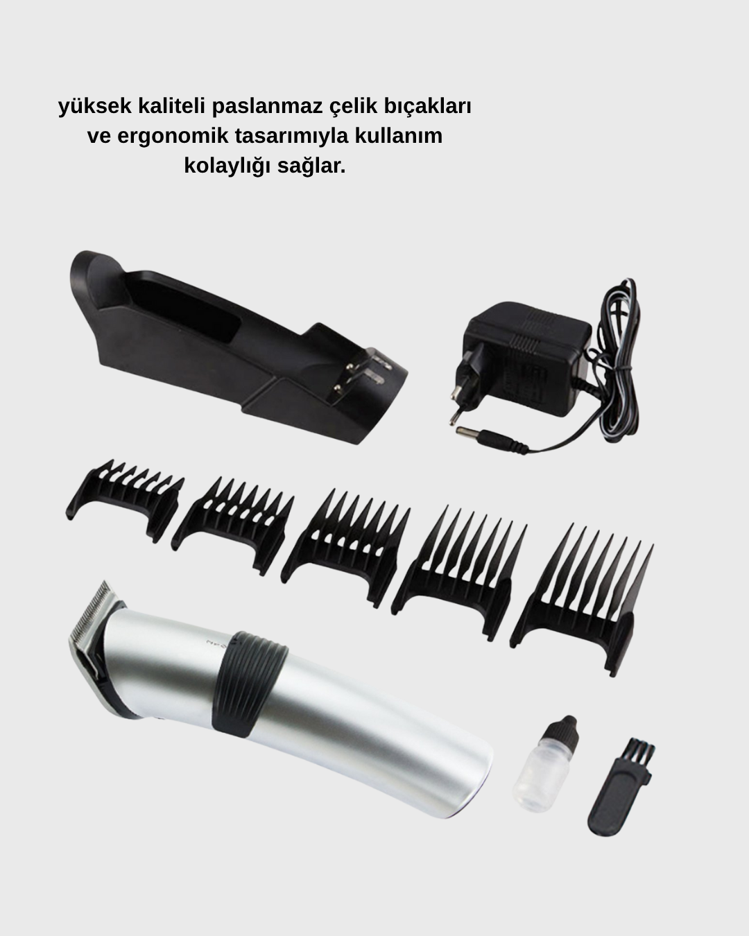 Şarjlı Saç ve Sakal Kesme Makinesi – Paslanmaz Çelik Bıçak, Ayarlanabilir Başlık