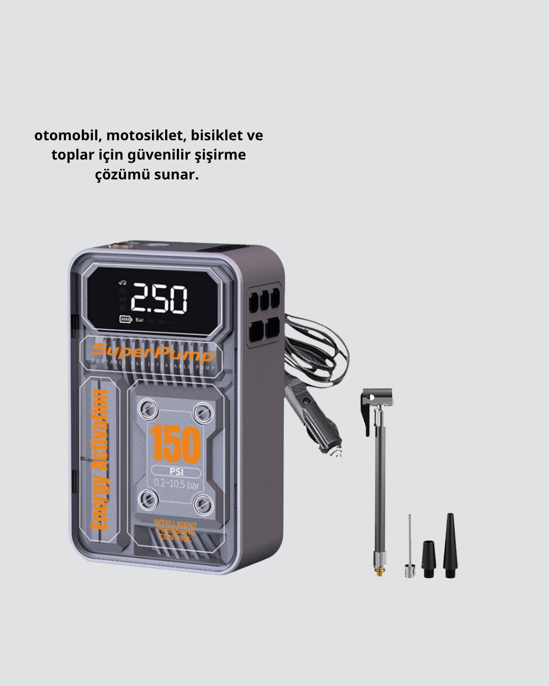 Şarjlı Kablosuz Hava Pompası – 150 PSI Basınç, LED Ekran ve 6000mAh Batarya