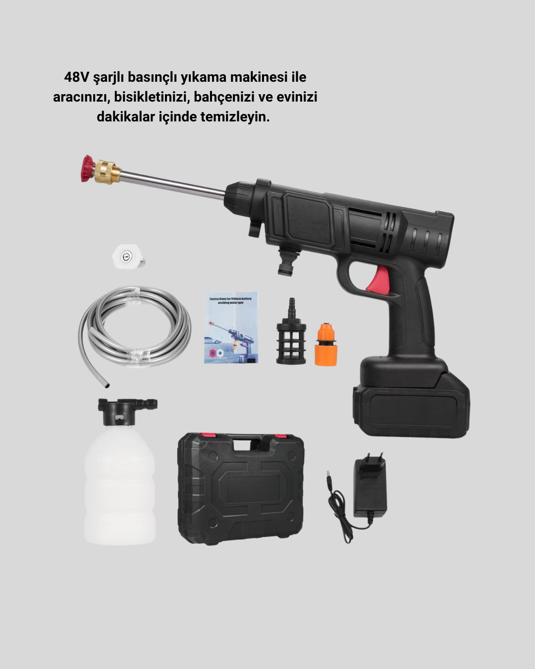 48V Kablosuz Yıkama Makinesi – 2 Pil, Köpük Tankı ve Ayarlanabilir