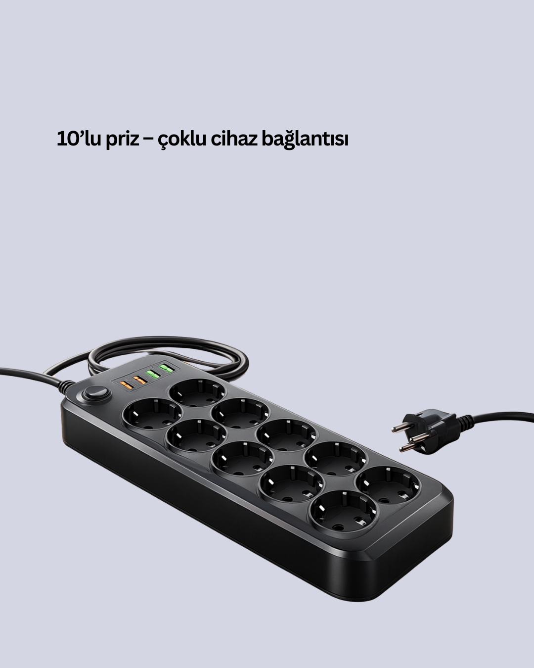 Termal Akım Korumalı 10’lu Grup Priz USB Type-C Hızlı Şarj 2500W 2m Kablo