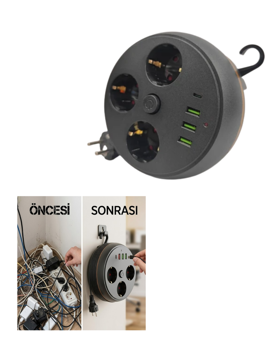 Ev Ofis İçin Çoklu Priz 3 Priz 3 USB Type C Güvenli Enerji Yönetimi