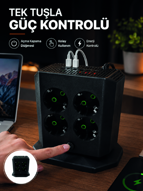 Akım Korumalı 8'li Dikey Priz 4 USB 2 Type-C Hızlı Şarj Destekli Çoklu Priz
