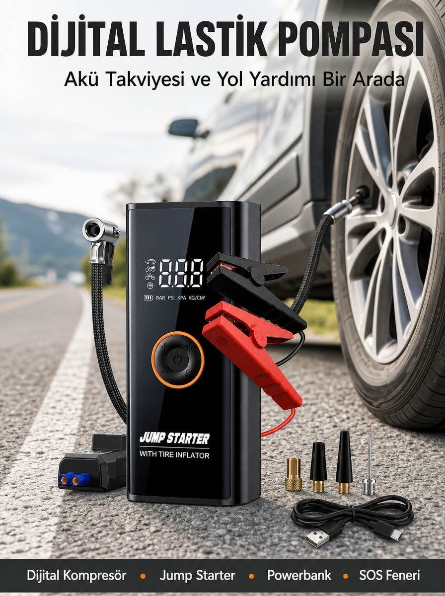 Çok Fonksiyonlu Araç Yol Yardım Kiti Jump Starter ve Lastik Pompası Yeni Nesil