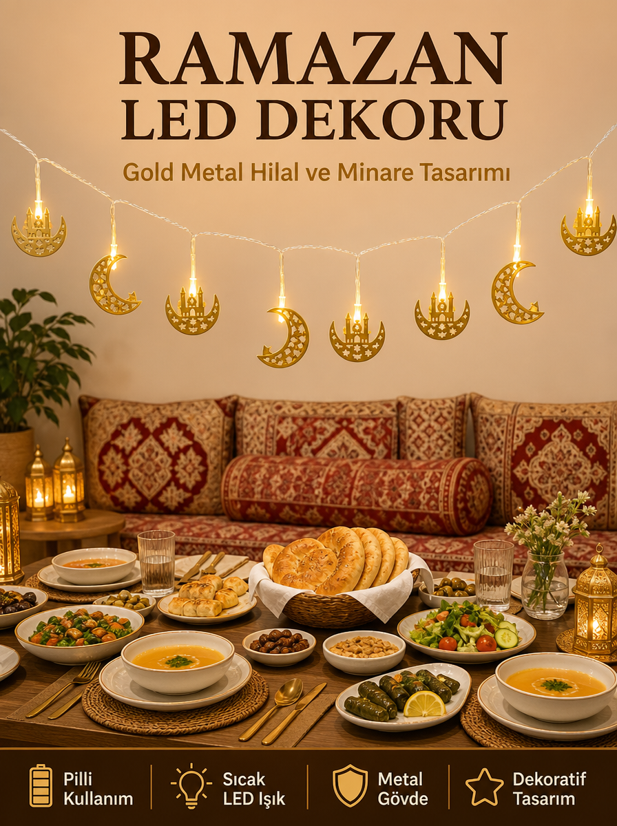 Minareli Hilal LED Işık Gold Metal Gövdeli Pilli Ramazan Dekoru