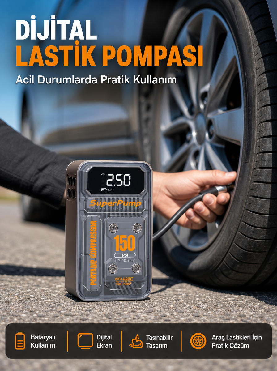 150 PSI Kablosuz Dijital Ekranlı Taşınabilir Araç Lastik Pompası