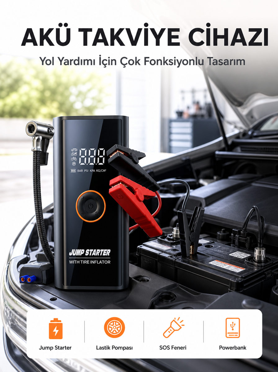 SOS Fenerli Akü Takviye Cihazı Dijital Kompresör Powerbank Yeni Nesil